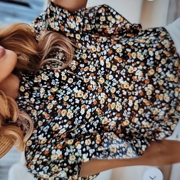 Floral Print Ruffle Trim. High Collar Blouse - Picture 1 of 9